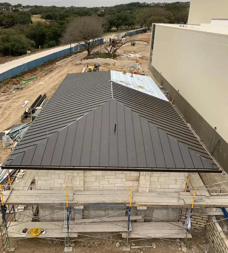 Metal roof new construction with scaffolding in Martinez